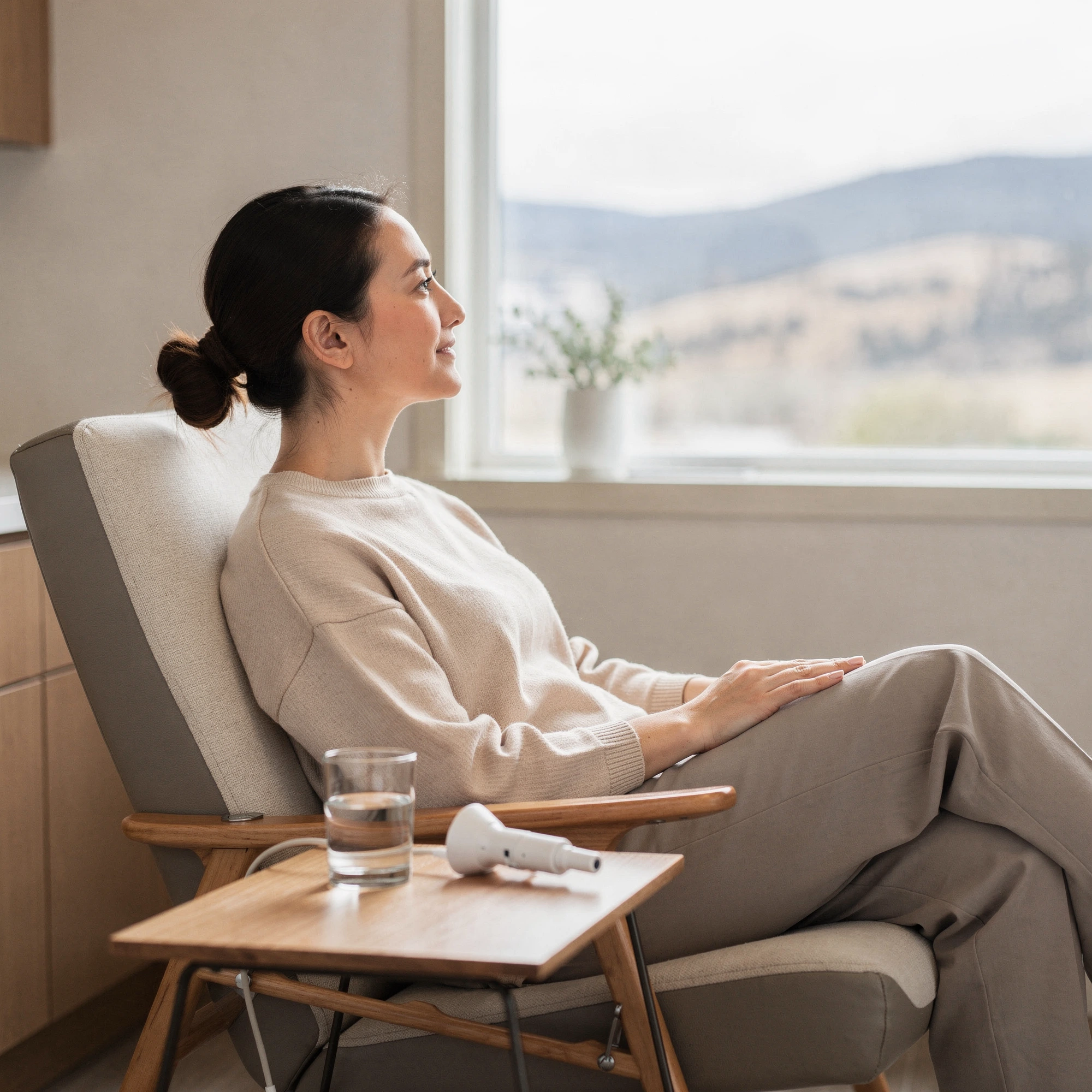 Patient relaxing in a comfortable chair during Spravato treatment at Myndful Wellness